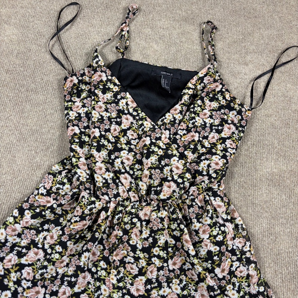 Forever 21 Womens Floral Surplice Romper Black Pink Small Sleeveless V-Neck